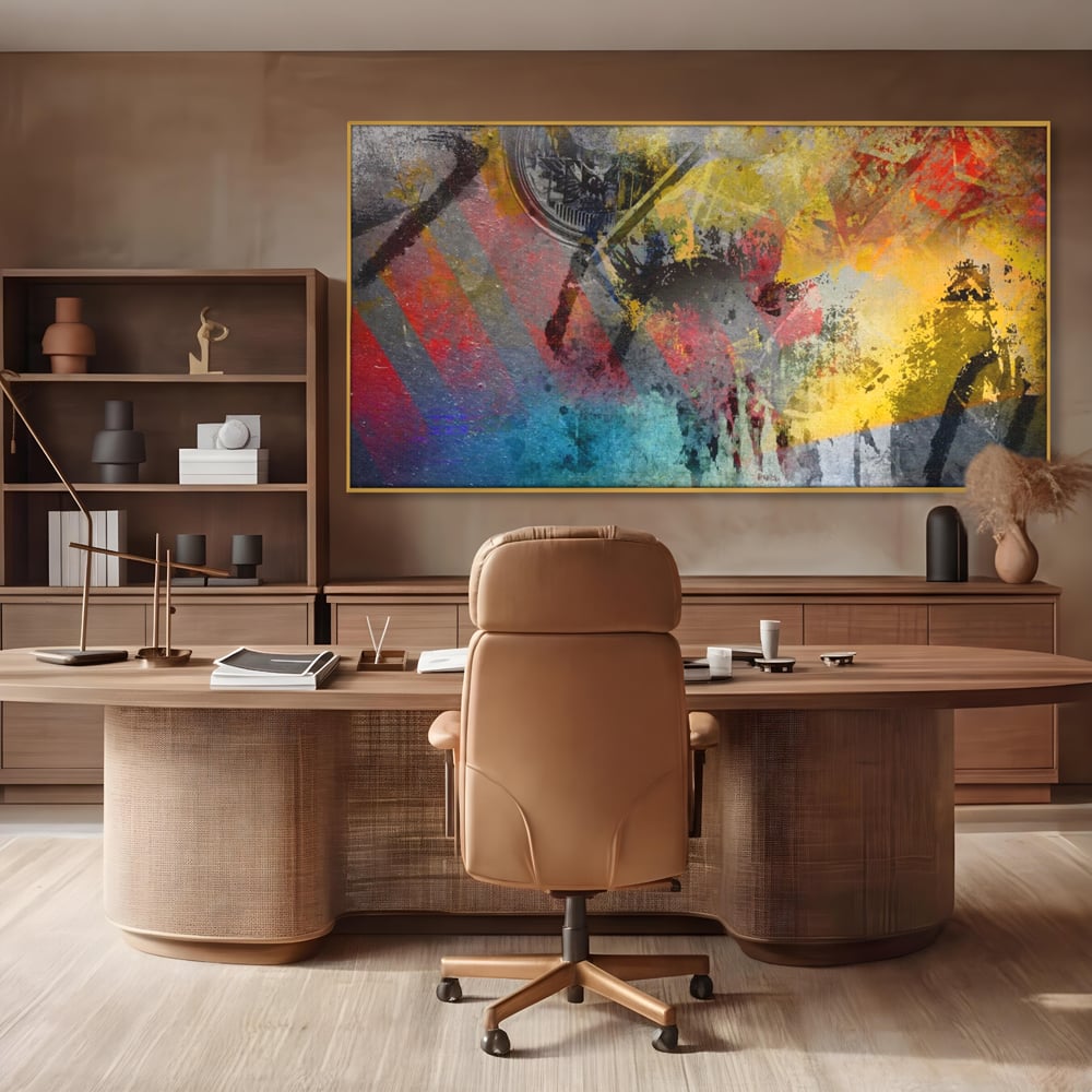 Tablou canvas cu pictura abstracta cu pete vibrante, in rama de aluminiu auriu, pe perete intr-un birou